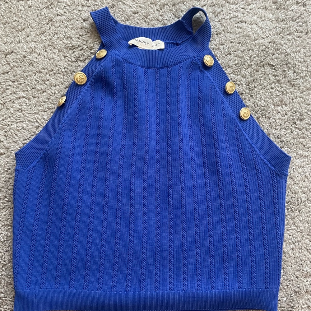 Sandro Royal Blue Knit Top with Gold Accents